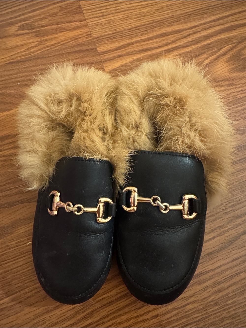 Kids Faux Fur Lined Black Loafers slides horsebit Princetown